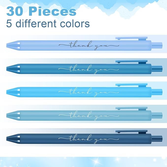 30pcs Thank You Pens Bulk Cute Multicolor Ballpoint Pen for Men Women Server Accessories Employee Holiday Appreciation Gifts for Teacher Office Back to School Party Favor (Blue)