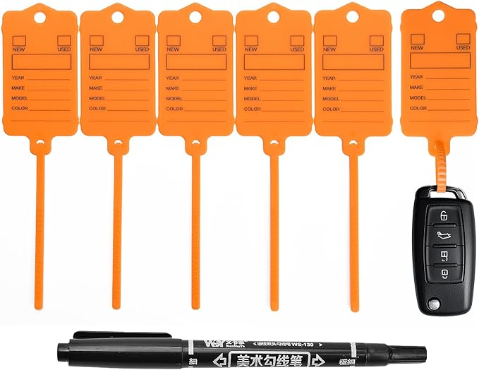 100 Car Key Tags with Labels Plastic Car Dealership Key Tags Self Locking Automotive Identifiers Blank Shop Labels with One Pen (Orange)