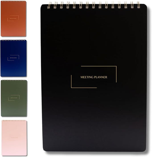 | Meeting Notebook for Work | 8.25" x 11.75" | Project Planner | Simple Design | Multiple Layouts | Office and Business Planner (Black, Meeting Planner - Portrait)