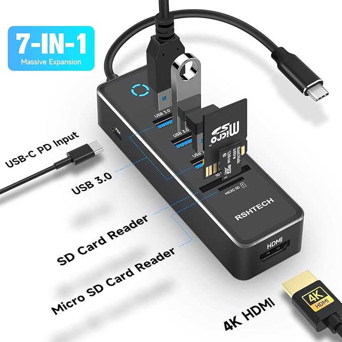 RSHTECH USB C Hub Dongle Adapter with 4K HDMI, 3 USB 3.0 Data Port, 100W Power Delivery, SD/TF Card Reader, Aluminum USB-C/Thunderbolt 3 Hub Dock for PC and Laptop, RSH-T16