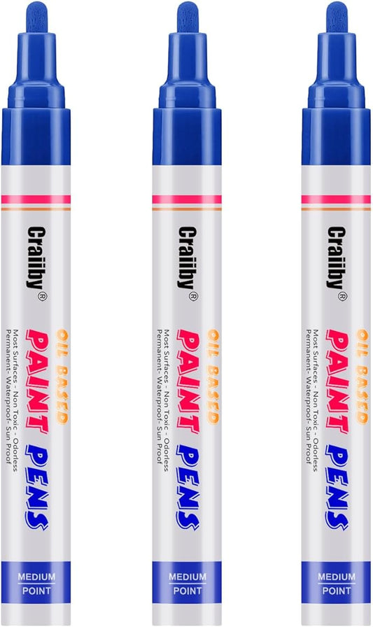 Blue Paint Markers, 3 Pack Oil-Based Waterproof Quick Dry Permanent Paint Pen Set for Rocks Painting, Wood, Fabric, Plastic, Canvas, Glass, Mugs, Metal, Tire, Stone, DIY Craft
