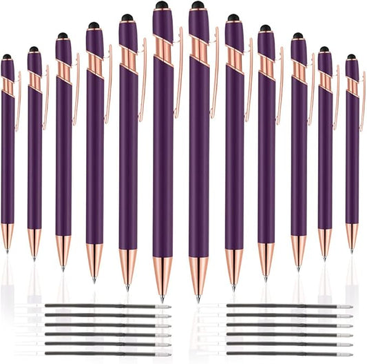 12 PCS 2 in 1 Stylus Ballpoint Pen with Stylus Tip, 1.0 mm Black Ink Metal Pen Stylus Pen for Touch Screens (Rose Gold & Purple)
