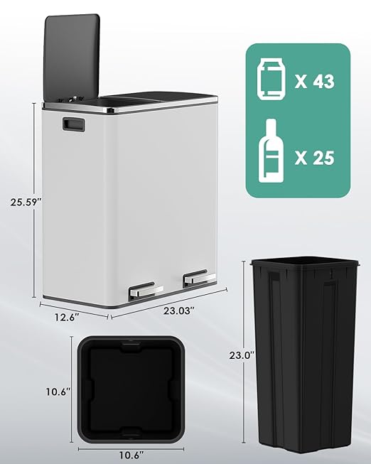 AthLike 60L(16 Gal) Dual Trash Can, Stainless Steel Kitchen Garbage Can, Double Compartment Classified Rubbish Bin, Recycle Dustbin w/Plastic Inner Buckets, Soft-Close Lid, Airtight, White