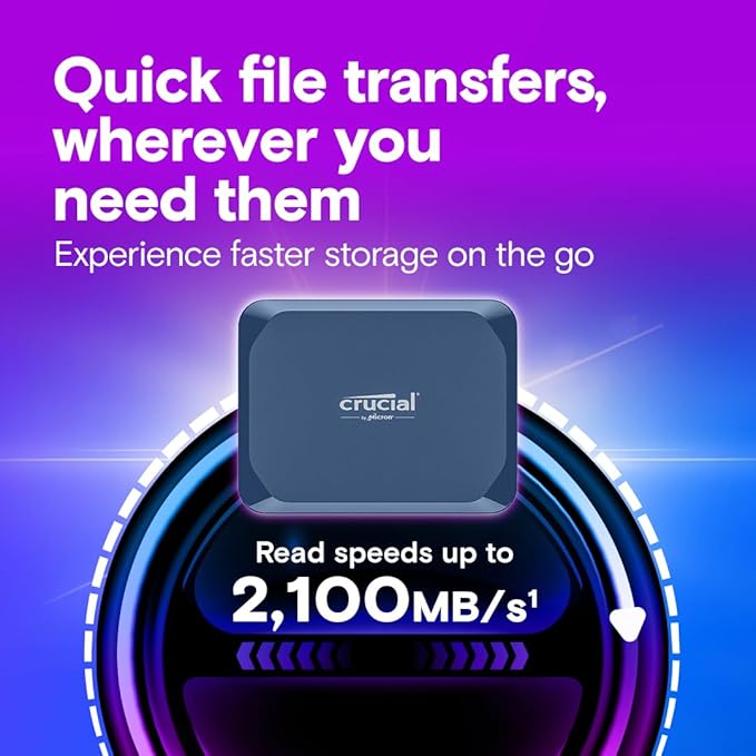 Crucial X10 6TB Portable SSD, Up to 2,100MB/s, USB 3.2 USB-C, External Solid State Drive, Compatible with Windows, Mac & Android, Durable Storage for Games, Photos & Files, Blue - CT6000X10SSD9-02