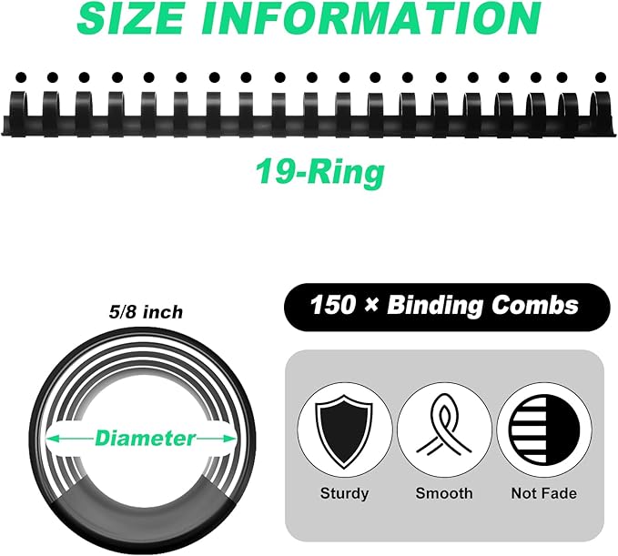 Yunsailing 150 Pack Plastic Binding Combs Plastic Binder Comb Ring 19 Ring Binding Spines Letter Size Spiral coils for Notebook Calendar(5/8 in,Black)