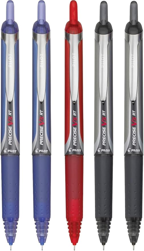 Precise V5 RT Retractable Rolling Ball Pens, Extra Fine Point (.5mm), Assorted Colors Black/Blue/Red Ink, 5-pk; Premium Comfort Grip, Bundle with Plastic Reusable Pouch
