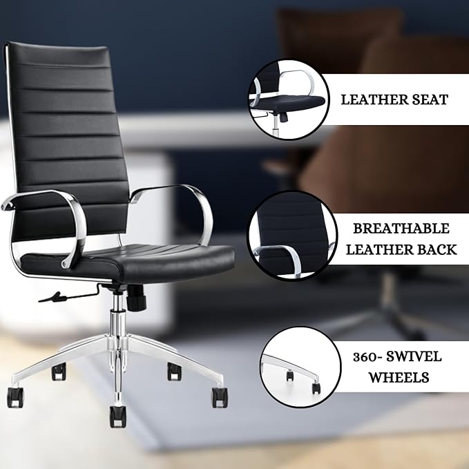 Ribbed High Back Conference Room Chairs- Lumbar Support, Modern Style Executive Chair for Home and Office - 360 Swivel Rolling Wheels - Aluminum Chrome Frame & Base - Black (Pack of 4)