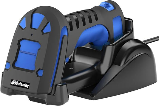 Alacrity Upgraded 2D Industrial Barcode Scanner with Wireless Charging Stand, 1968 Feet Transmission Distance 433Mhz Wireless & Bluetooth 2in1 Barcode Reader, Shock Dust Proof Hands Free, Blue