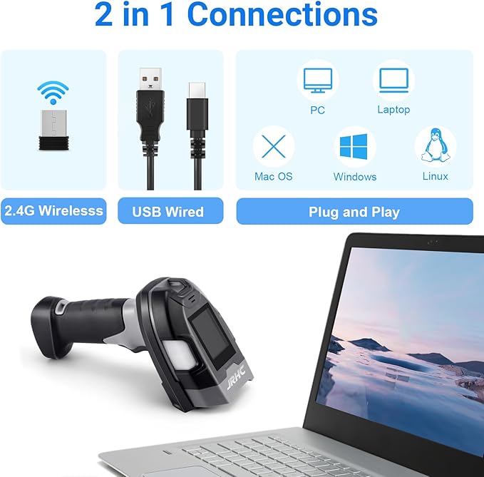 Barcode Scanner Wireless, JRHC Industrial 1D Laser Bar Code Scanners 2 in 1 Plug and Play Rugged Heavy Duty & IP65 Waterproof, Long-Distance Wireless Handheld Barcode Reader with 1.8" Screen