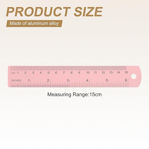 HARFINGTON 6pcs Metal Straight Ruler 15cm Metric SAE Aluminum Alloy Measuring Rulers Scale Tool with Hole for Measure Study Reading Classroom Office, Pink