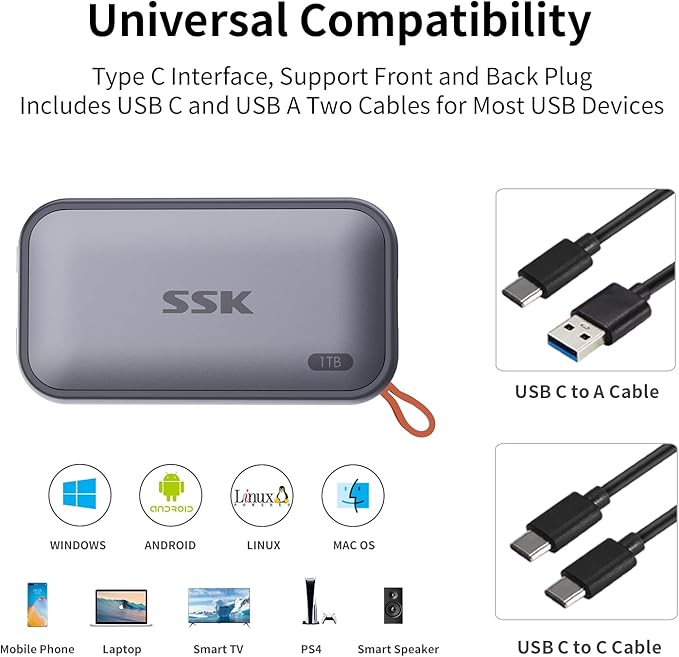 SSK Portable SSD 1TB External Solid State Drives, up to 1050MB/s USB C SSD External Hard Drive USB 3.2 Gen2 for iPhone 15/Pro, Windows, Mac, Android Phones and Tablets