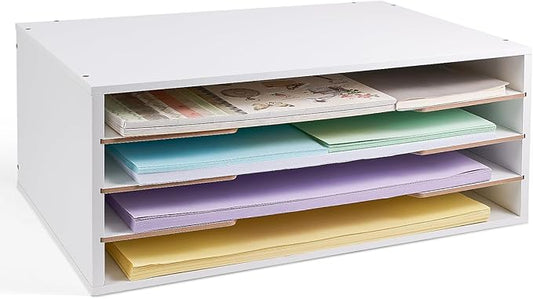 12x18 Construction Paper Organizer, 4-Tiers Paper Storage Shelf, Wooden Desk Organizer, File Holder and Letter Tray for Office, Home, Classroom