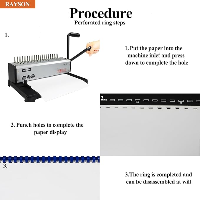 RAYSON SD1202 Comb Binding Machine, 19 Holes, Max Punching Letter Size, with Comb Set Binder for Daily Binding
