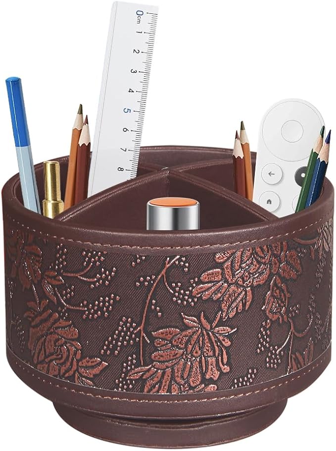 360° Rotating Pen Holder for Desk, Leather Pencil Pen Organizer Remote Control Holder Table Desktop Nightstand Organizer Caddy Storage, Office Desk Organizers And Accessories 5.5x5.5x4.0 Inch
