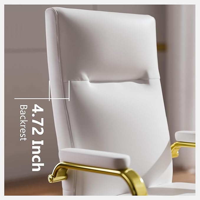 White and Gold Office Chair Memory Foam, White Leather Computer Desk Chairs with Wheels and Arms, High Back Executive Office Chair for Girl and Women