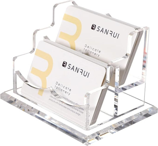 SANRUI Clear Horizontal Business Card Holder Stand for Desk, Acrylic Desktop Display Name Cards Holders Organizer Storage Rack,for Exhibition, Home , Office ,2 Tier 2 Pocket , 120 Card Capacity