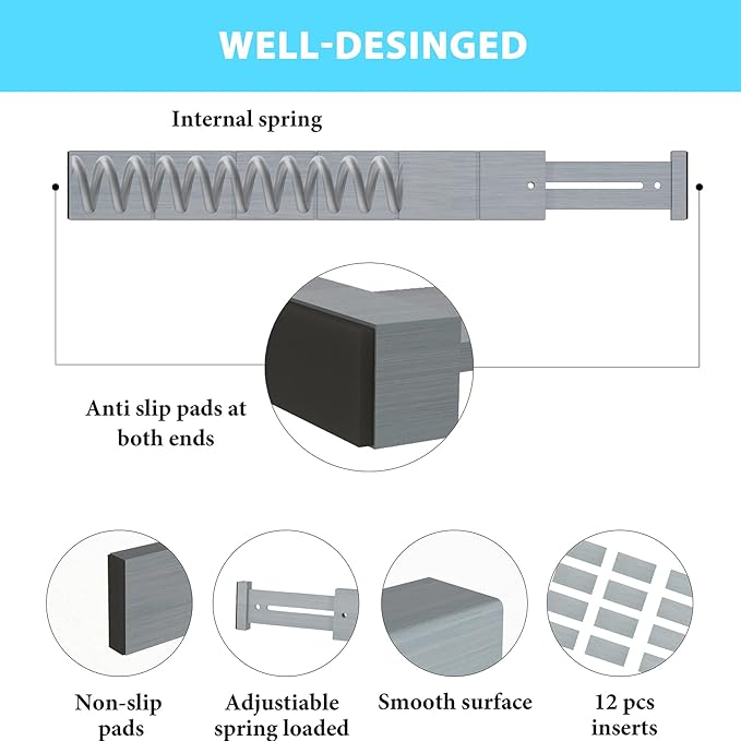 6 Pack Bamboo Drawer Dividers with 12 Inserts, Expandable Adjustable Clothes Drawer Organizers and Storage from 17" to 22" for Kitchen, Bedroom, Dresser, Cosmetics (Gray)