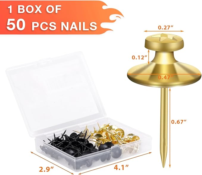 50 PCS Thumb Tacks for Wall Picture Hangers, Double Headed Picture Hanging Nails Kit, Push Pins Wall Hooks, Renter Friendly Decor Thumbtacks for Tapestry Frame Art Photos(Black &Gold)