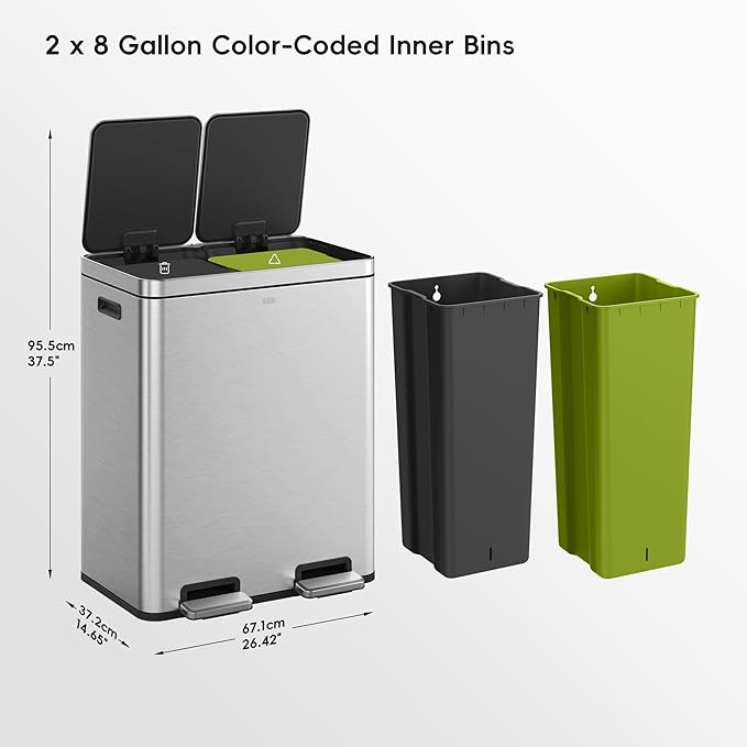 EKO Edison Dual Trash Can for Recycling and Trash, 8+8 Gallons Kitchen Garbage Can with Dual Removable Inner Liners, Independent Lids and Pedals, Matte Stainless Steel