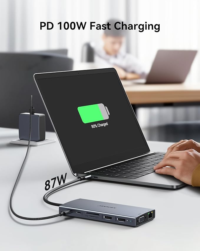 USB C Docking Station Dual Monitor for Dell/HP/Lenovo/Surface Laptop,15 in 1 Triple Display Multiport Adapter Hub, USBC Dock Dongle with 2 HDMI+VGA+6 USB C/A+Button+100W PD +Ethernet+SD/TF+Audio