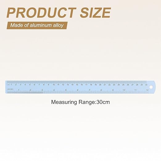 HARFINGTON 6pcs Metal Straight Ruler 30cm Metric SAE Aluminum Alloy Measuring Rulers Scale Tool with Hole for Measure Study Reading Classroom Office, Light Blue