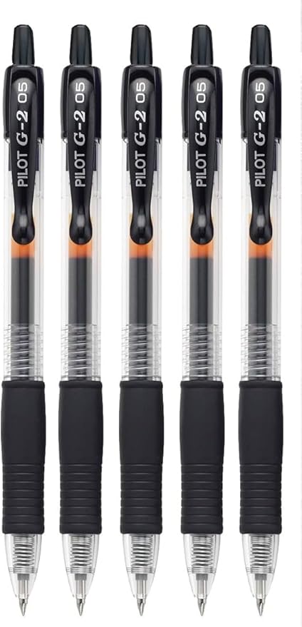 G2 Retractable Premium Gel Ink Roller Ball Pens Extra Fine Point (.5mm) Black Ink 5 pack; Refillable & Premium Comfort Grip Bundle with Plastic Reusable Pouch