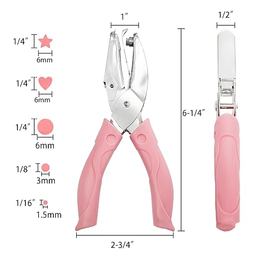 Jucoan 5 Pack Single Hole Punch Metal Handheld Small Hole Puncher with Soft Grip, Star Heart Circle Shape Paper Puncher for DIY Craft Tags Greeting Cards Scrapbook, 1/4, 1/8, 1/16 Inch Hole Punch