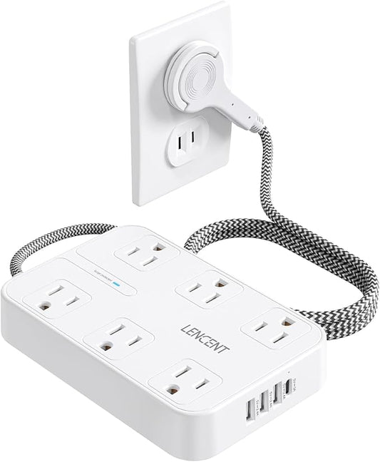 LENCENT 2 Prong Power Strip, 3 to 2 Prong Outlet Adapter, 1050J Surge Protector, 6ft Braided Extension Cord with Thin Flat Polarized Plug, 6 AC & 4 USB (1 Type-C), Wall Mount for Non-Grounded Outlet