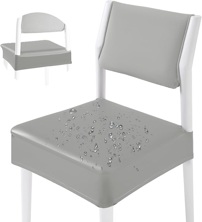 CWK Waterproof PU Leather Dining Chair Covers Set of 2-Stretchable Chair Seat Slipcovers, Removable & Washable Protector for Dining Room,Home,Office,Wedding,Rear Covers (PU-Silver)