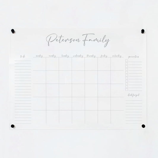 Personalized Clear Acrylic Calendar for Wall, Calendar Whiteboard for Wall, Dry Erase Wall Calendar, Wall Calendar Organizer System for Home (Cursive, Grey, 31"W x 23"H)