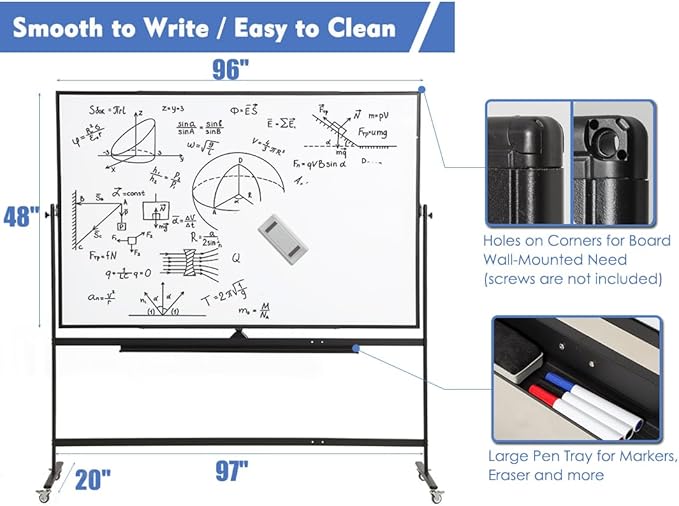 Large Magnetic Mobile Whiteboard 96"x48", Rolling Double Sided Stand Whiteboard on Wheels, Reversible Adjustable Height/Angle Dry Erase Board 8' x 4' Easel White Board for Office Classroom, Black