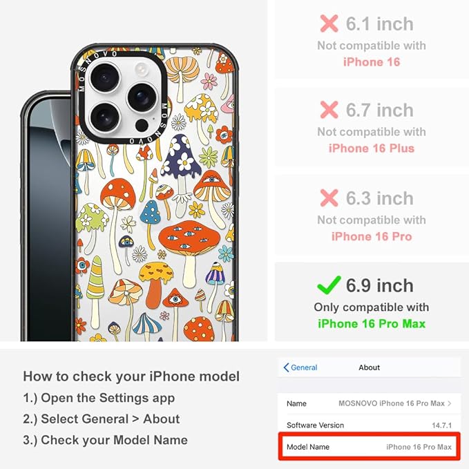 MOSNOVO Case for iPhone 16 Pro Max, [10ft 4X Military-Grade Drop Protection] Durable & Shockproof Phone Case Cover Design for iPhone 16 Pro Max - Mushroom Art - Clear Black