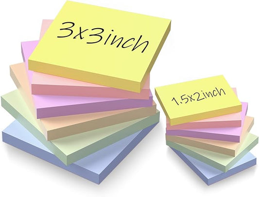 Sticky Notes 3x3in + 2x1.5in Small Sticky Note, 12 Pack 6 Colors Self-Sticky Note Pads | Sticks Strong & Removes Clean | Recycled Paper Cute Sticky Notes to School Supplies, Office Products
