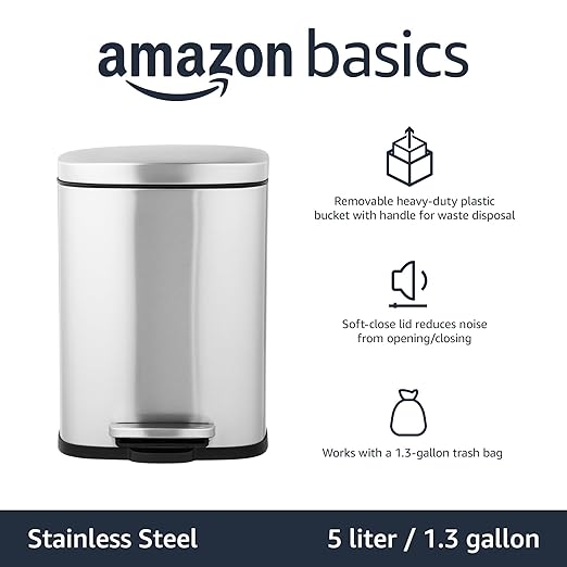 Amazon Basics Smudge Resistant Mini Rectangular Trash Can With Soft-Close Foot Pedal, Brushed Stainless Steel, for Bathroom & small space, 5 L /1.32 Gal, Satin Nickel Finish, 7.3x8.5 x11.8 in (LxWxH)
