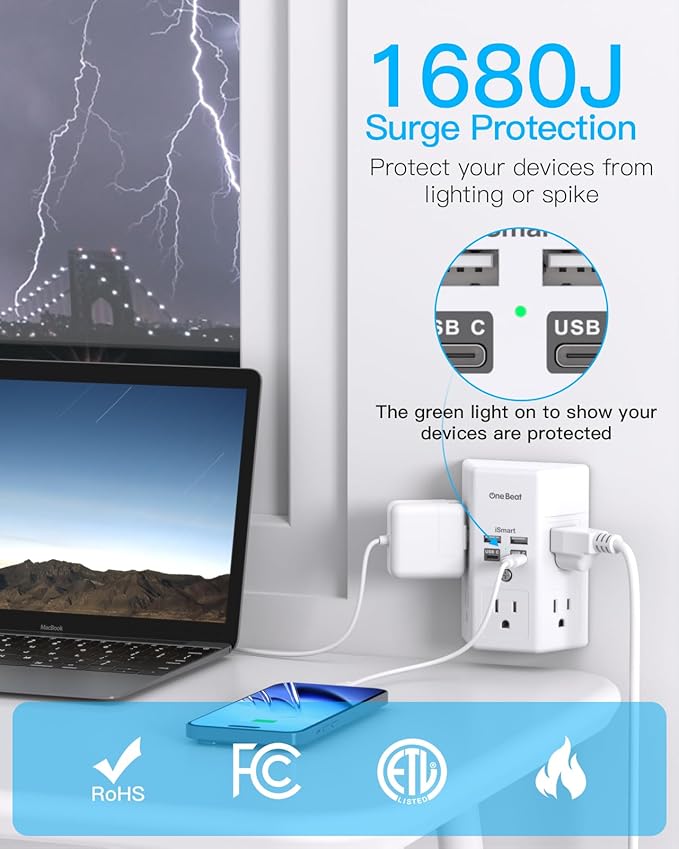 Surge Protector, 5 Outlets Extender with 4 USB Ports(USB C PD30W), 3-Side 1680J Power Strip Multi Plug Outlet Expander, USB Wall Charger, Outlet Splitter Adapter Wall Mount for Home Office(White)