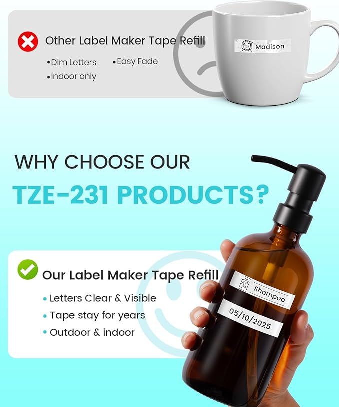 Airmall 12mm .47 Laminated White Tz Tape Compatible with Brother Label Maker Tape Refill TZe-231 TZe231 Replace for Brother P Touch D210 D200 D400 1280 1290 1880, Black on White 1/2 Inch, 5-Pack