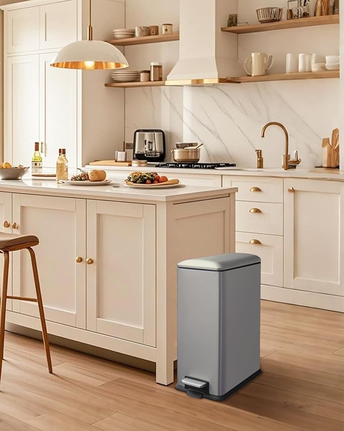 12 Gallon Slim Kitchen Trash Can, Stainless Steel Trash Can with Removal Inner Bucket and Soft-Close Lid, Pedal Garbage Can 45 Liter, Grey