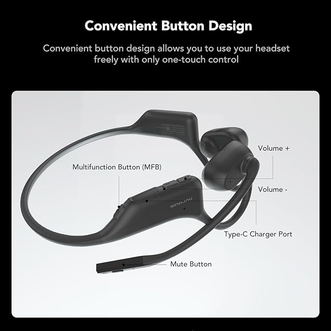 NUROUM OpenEar Pro Headphones with Mic, ENC Noise Cancelling Microphone, Bluetooth 5.3 Multi-Point Connection, Sweatproof Wireless Headset for Work, 15H Comfort for Driving, Office, Workout OW20B-C