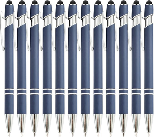 PASISIBICK 12 Pieces Blue Ballpoint Pen with Stylus Tip, 2 in 1 Stylus Stylish Pen, Premium Metal Stylus Pen for Touch Screens, Black Ink, 1.0 mm Medium Point.(12 PCS Blue)