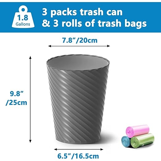 Bathroom Trash Can, 3 Pack 1.8 Gallons Small Trash Can with Trash Bags, Bathroom Garbage Can, Plastic Trash Bin, Round Waste Basket for Bath，Bedroom, Office, Kitchen, Room, Compact Space (Grey)