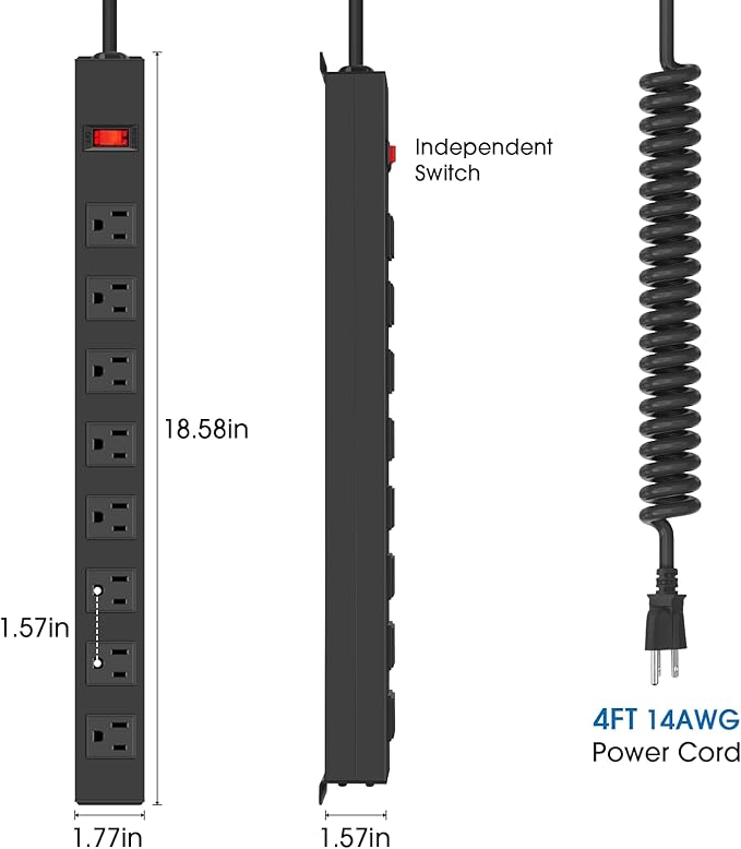 2Pack 8 Outlet Metal Wall Mount Power Strip, Mountable Outlet with Switch, Heavy Duty Wide Spaced Surge Protector, 4 FT SJT 14AWG Black Spring Cord.