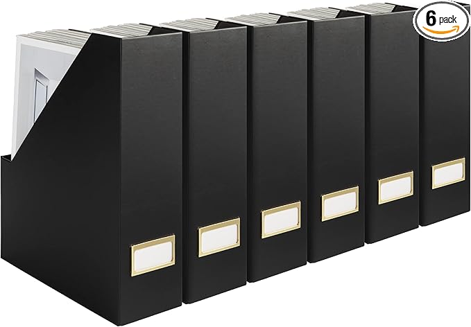 BLU MONACO Declutter in Style - Set of 6 Black Foldable Magazine File Holders with Gold Label Holders - Cardboard Magazine Storage Box & Desk Organizer for Workspace and Shelves