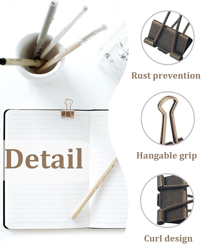 Assorted Binder Clips 0.75/1/1.25in 25-Pack - Bronze Tone Clips for Office & Home