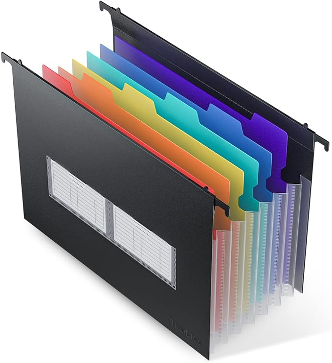 ThinkTex Plastic Expanding Hanging File Folders, 7 Innovative 1.2" Accordion Pockets, Large Capacity, Multi-Color Tabs, Letter Size for Filing Cabinet - 1 Pack