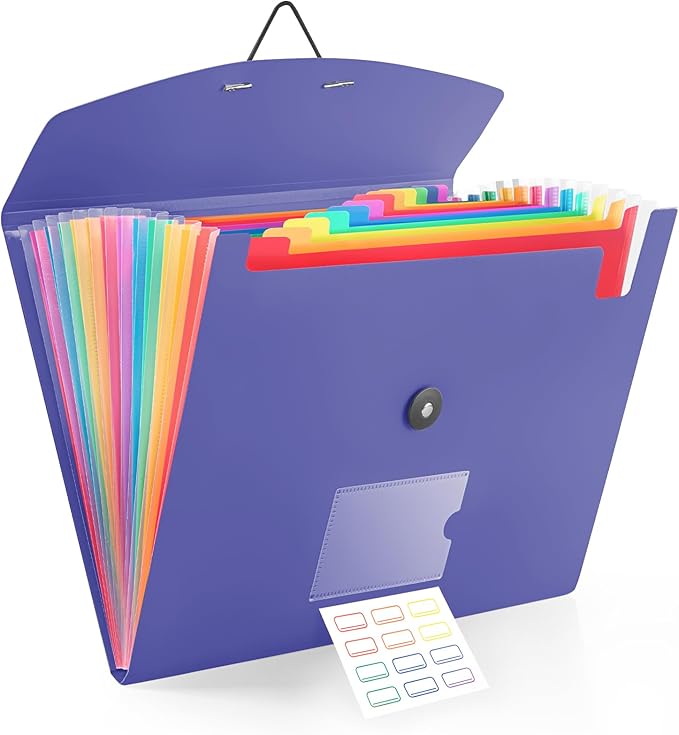 13 Pocket Accordion File Organizer with Elastic Closure, Expanding File Folder for Letter Size A4 Papers, Ideal for Home, Office Supplies, College Essentials - BluePurple
