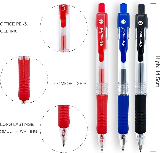 Assorted Color Quick-Dry Ballpoint & Gel Ink Pens - 12-Pack 0.5mm Fine Point Retractable for School Office, Rubber Grip - Smooth Writing Pens