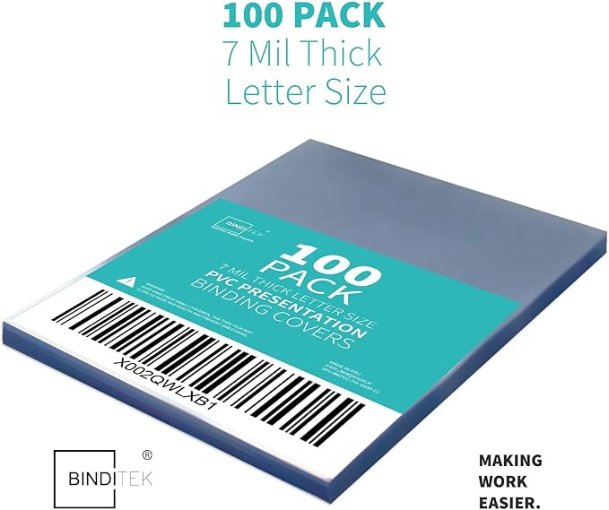 Binditek 100 Pack 7 Mil PVC Plastic Binding Covers, 8.5 x 11 Inches, Letter Size, Square Corners, Un-Punched, Office Supplies