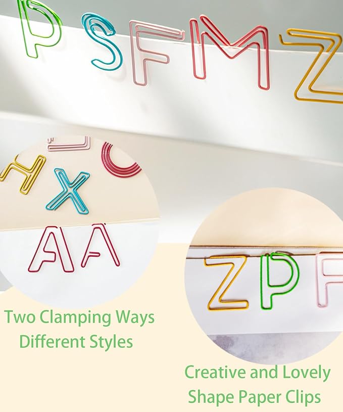 52 Pcs A-Z Stainless Steel Paper Clips - Alphabet Letter Clips for Office & School with Storage Box Assorted Color (26 Letters)