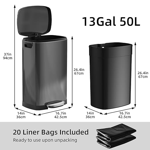 KUK 13 Gallon Kitchen Trash Can with Lid, 50L/13Gal Office Step Garbage Can for Home, Kitchen, Laundry Room, Office, Brushed Stainless Steel, Titanium Black