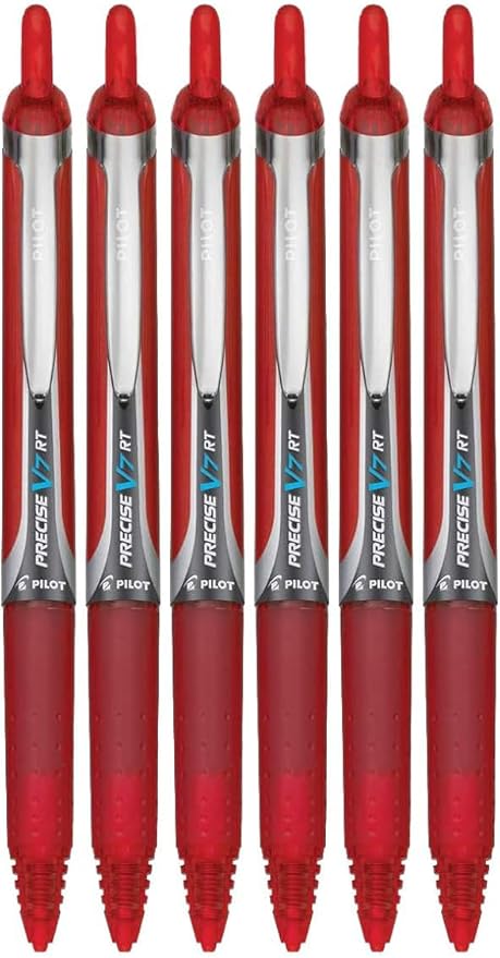 Precise V7 RT Retractable Rolling Ball Pens, Fine Point (.7mm), Red Ink, 6-pk; Premium Comfort Grip, Bundle with Plastic Reusable Pouch
